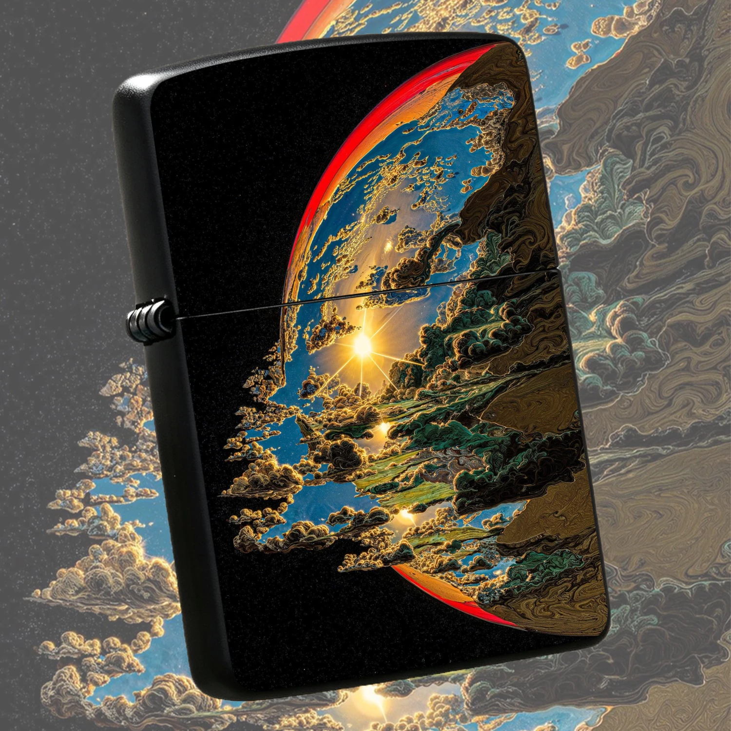 Creative Art Style Alien Dawn Pattern Lighter, Space Fantasy Gold Gilded Planet Landscape Printed, Stylish PORTABLE Windproof Lighter, Ideal for Daily Use Camping, Exquisite Collectible Gift for Friends Family Art Lovers A fun and humorou