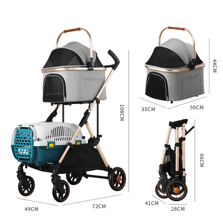 

Eaynon Luxury 4-Wheel Modern Small Double Twin Dog Cat Stroller Made of Aluminum Oxford Material Travel Pet Stroller