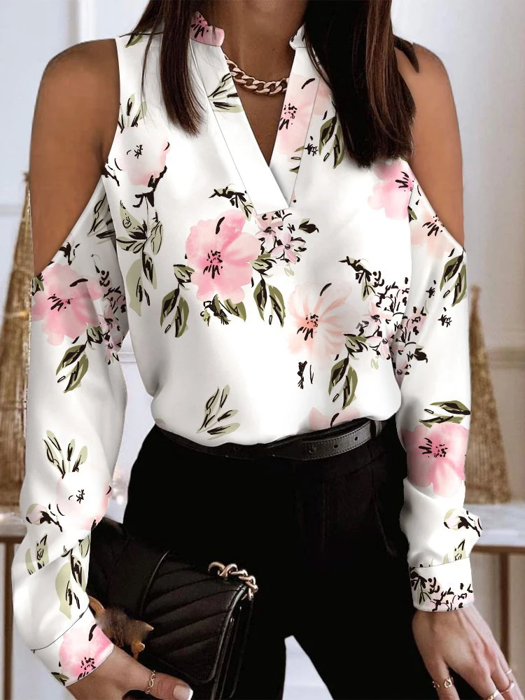 Sexy Off Shoulder Women Blouse V-neck Long Sleeve Floral Print Loose Shirt Tops 2023 Spring Autumn Ladies Blouses