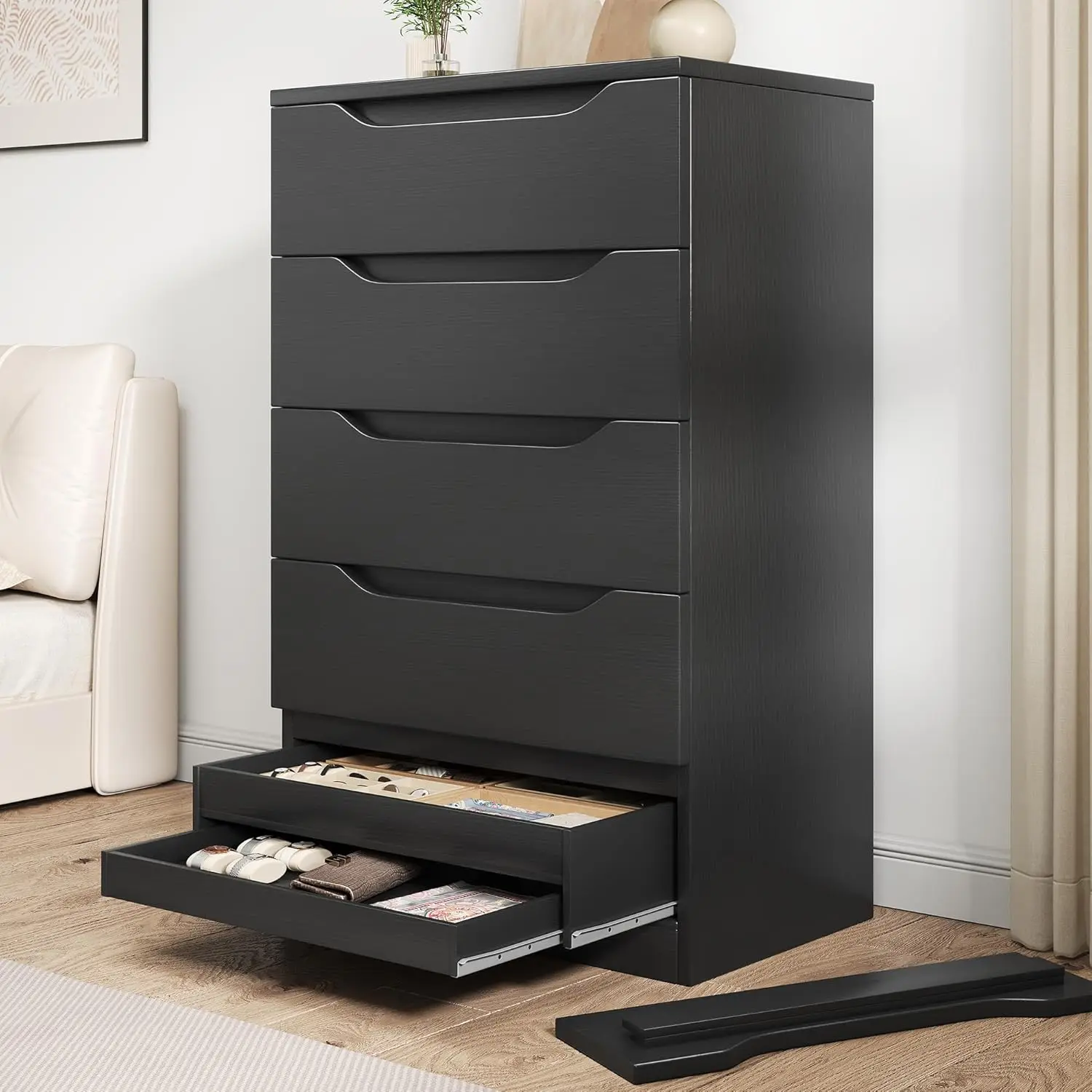 

Black Tall 5 Drawer Dresser for Bedroom with Hidden Storage Design, Large Modern Closet Dressers & Chests of Drawers with Cut