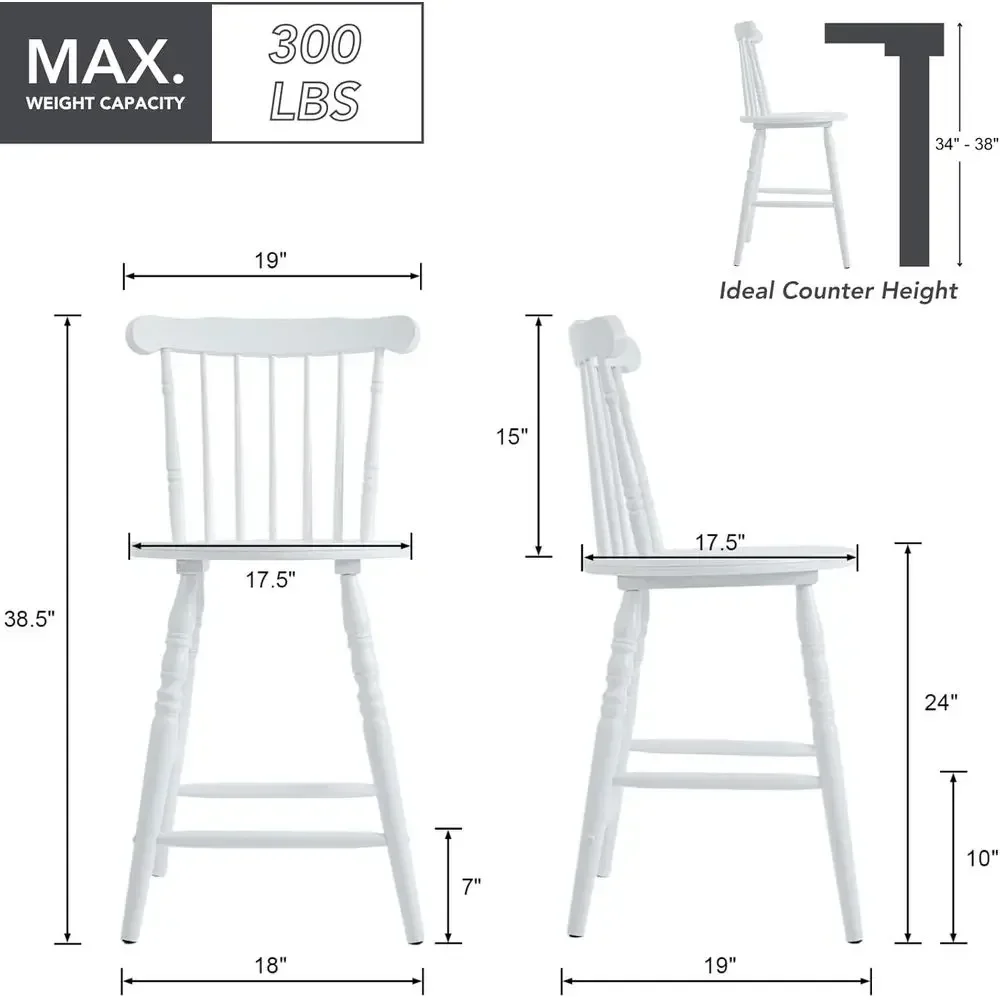 Set of 3 White Wooden Counter Height Bar Stools with Spindle Back and Turned Legs, Rustic Vintage Colonial Style for Kitchen Isl - view 2