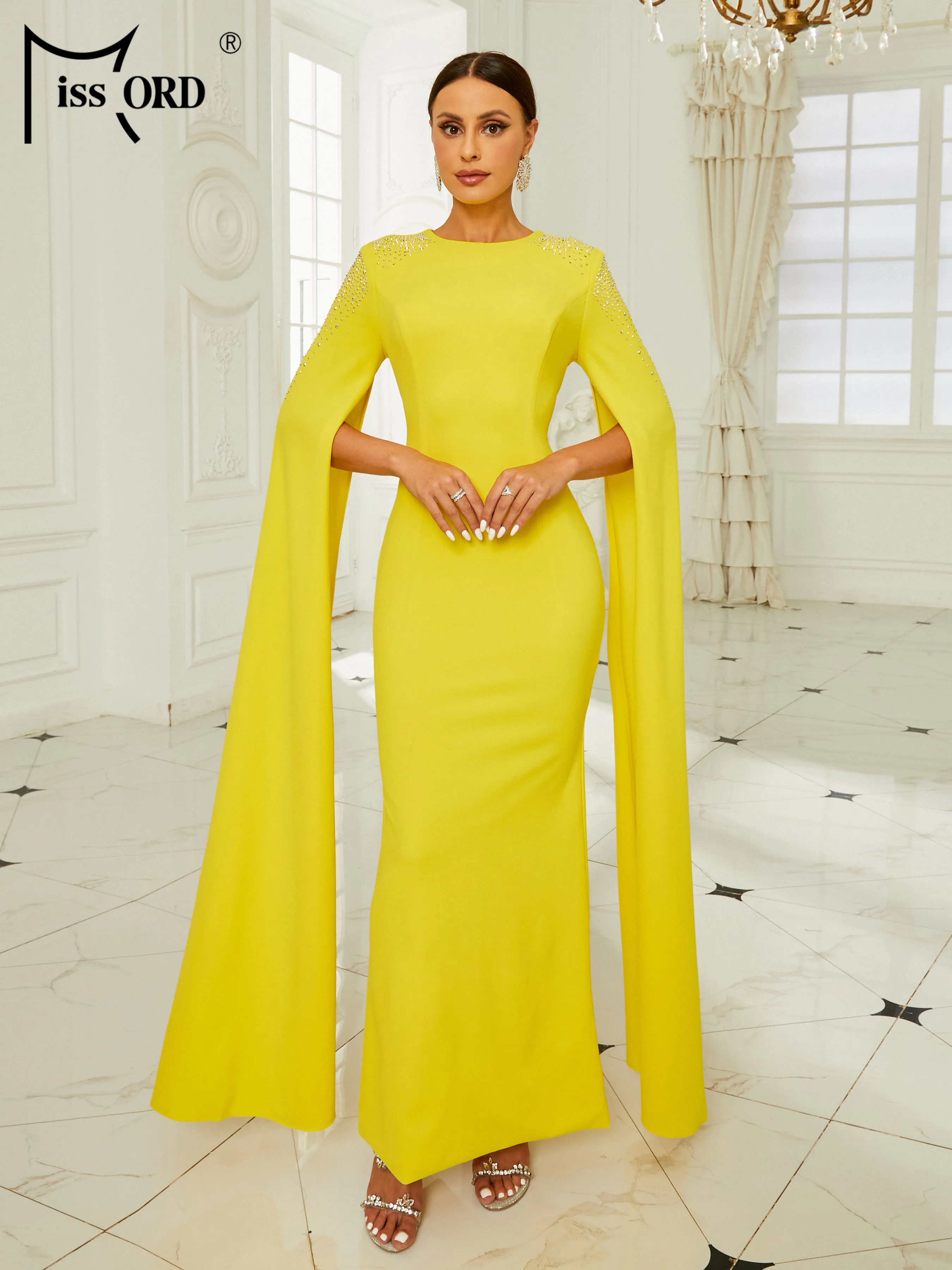 Missord Elegant Yellow Prom Dress For Muslim Women O-Neck Split Long Sleeve Diamonds Bodycon Party Dresses Formal Evening Gown