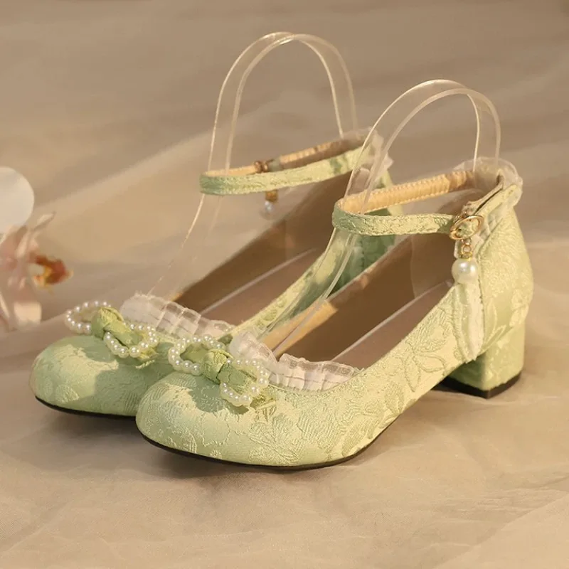 

Women's Beaded Bow One Strap Single Shoes Spring and Summer New Block Heel Shallow Mouth Hanfu National Style Casual Shoes