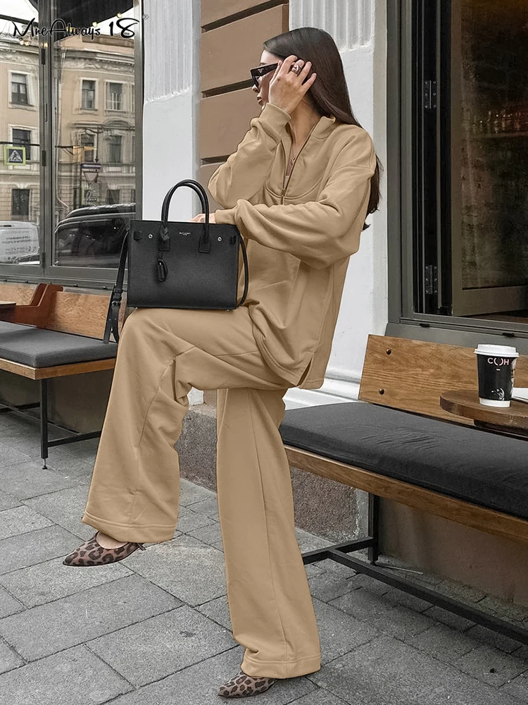 Mnealways18 Street Style Sweatsuits New Two-Piece Sets Zipper Pullover Tops With Wide Legs Pants Women Khaki Knitted Suits 2024