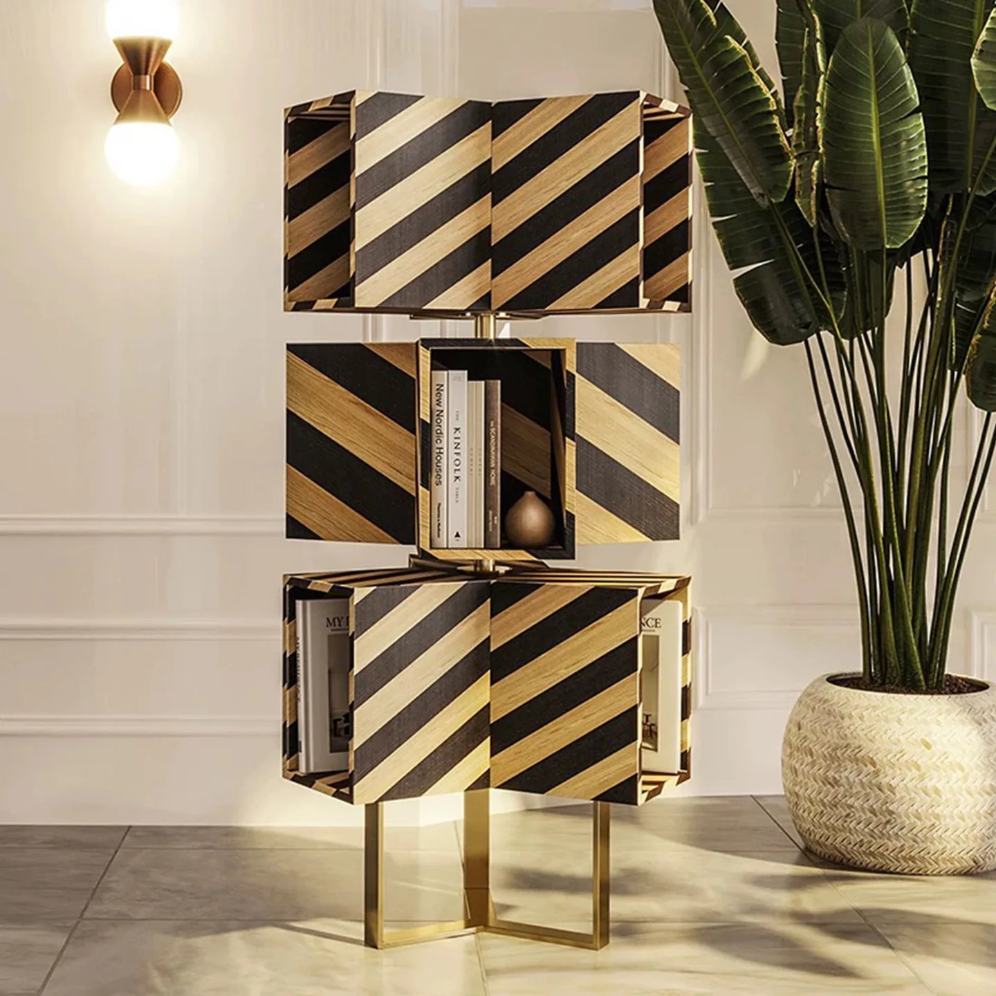 رف كتب دوار من الخشب الصلب الإيطالي خفيف فاخر بتصميم راقي وخزانة تخزين معدنية مفتوحة