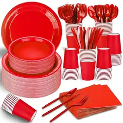 Red Party Supplies Set Include Paper Plastic Spoons Forks Knives 9/7 Inch Disposable Dinner Dessert Plates