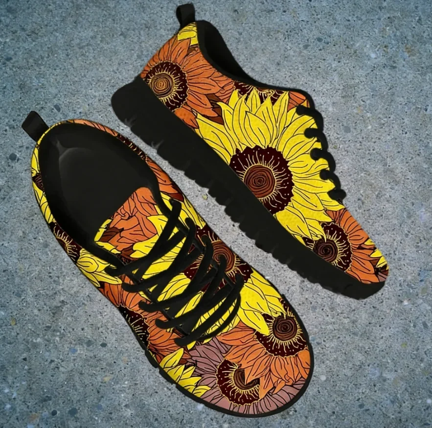 

Sunflowers Women Casual Sneaker Shoes Famale Retro Lace Up Flat Shoe Free Shipping Custom Pattern Breath Mesh Sneakers
