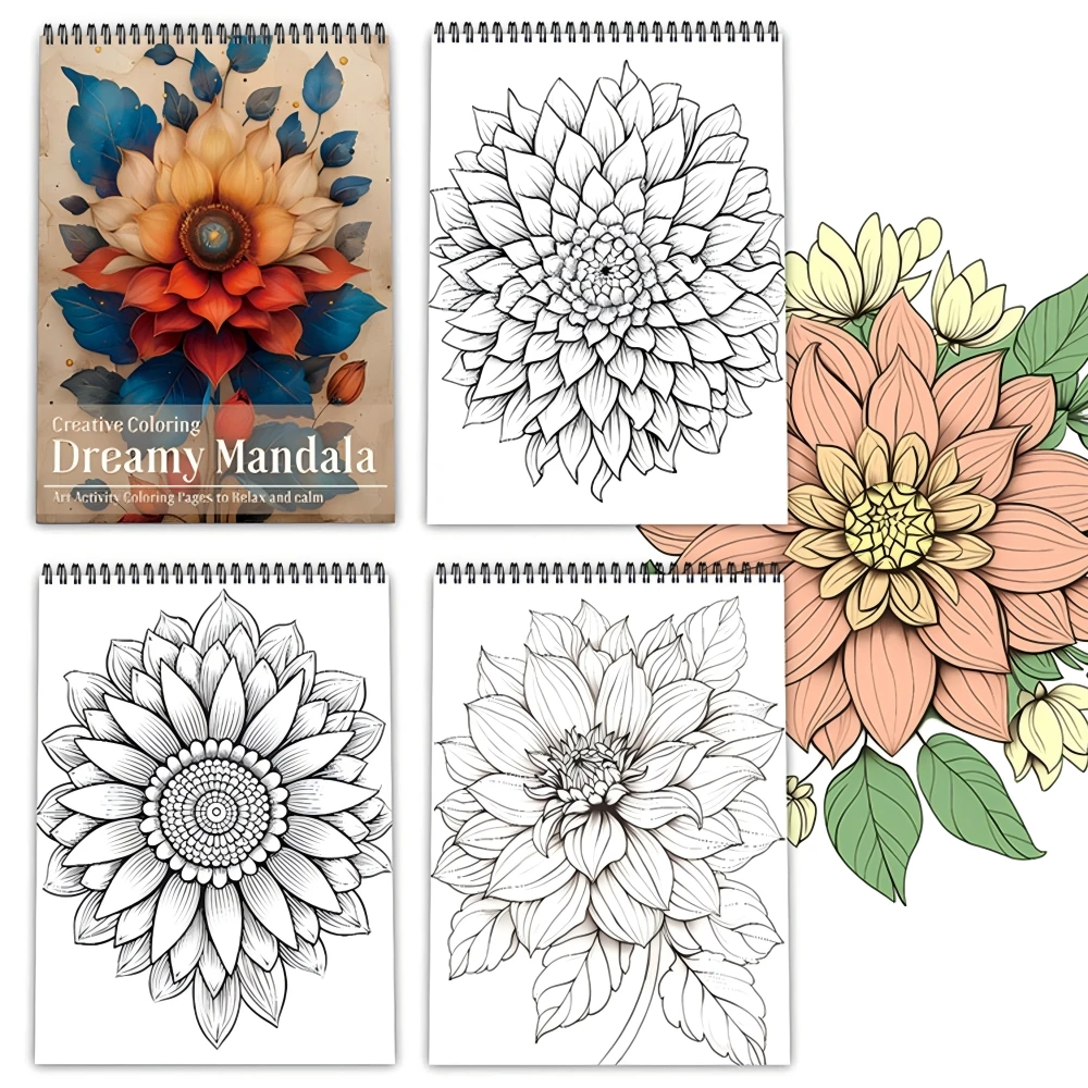 كتاب تلوين ماندالا الزهور للبالغين، مطبوع على جانب واحد، 24 صفحة، فن يدوي الصنع للبالغين لتخفيف القلق والاكتئاب
