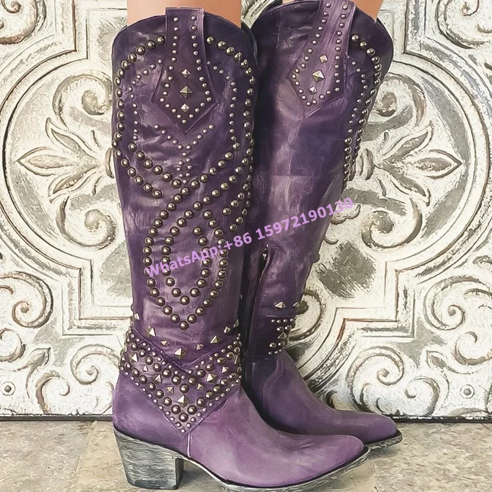 

Rivet Knight Boots Cowgirls Round Toe Chunky Heels Zipper Knee High Boots Retro Cowgirls West Style Hotties Distress Boots 2025