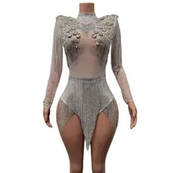 Lady Fashion Tassele Bodysuits Sexy Rhinestone Tassel Dress Stage Show Jumpsuits Womens Rompers Nightclub Birthday Party Dresses