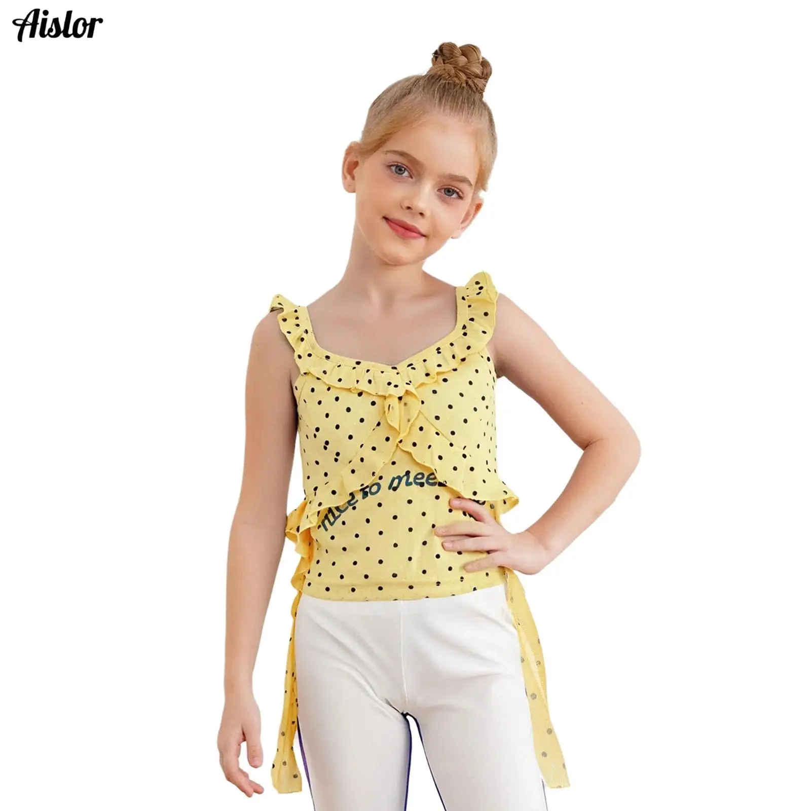 

Kids Girls Camisole Summer Fashion Ruffles Dots Vest Sleeveless Letter Printed Vest Top for Birthday Holiday Vacation Beachwear