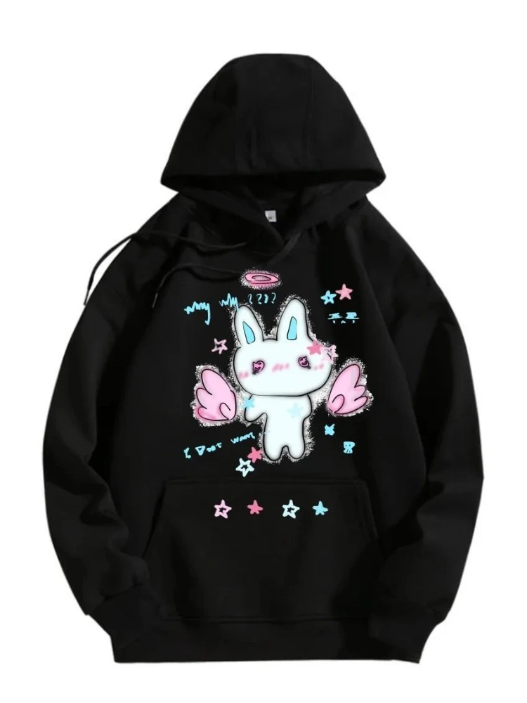 Harajuku Cartoon Print Hoodies Women Y2k Aesthetic Kawaii Loose Black Drawstring Coats Grunge Pocket Streetwear Sweatshirts