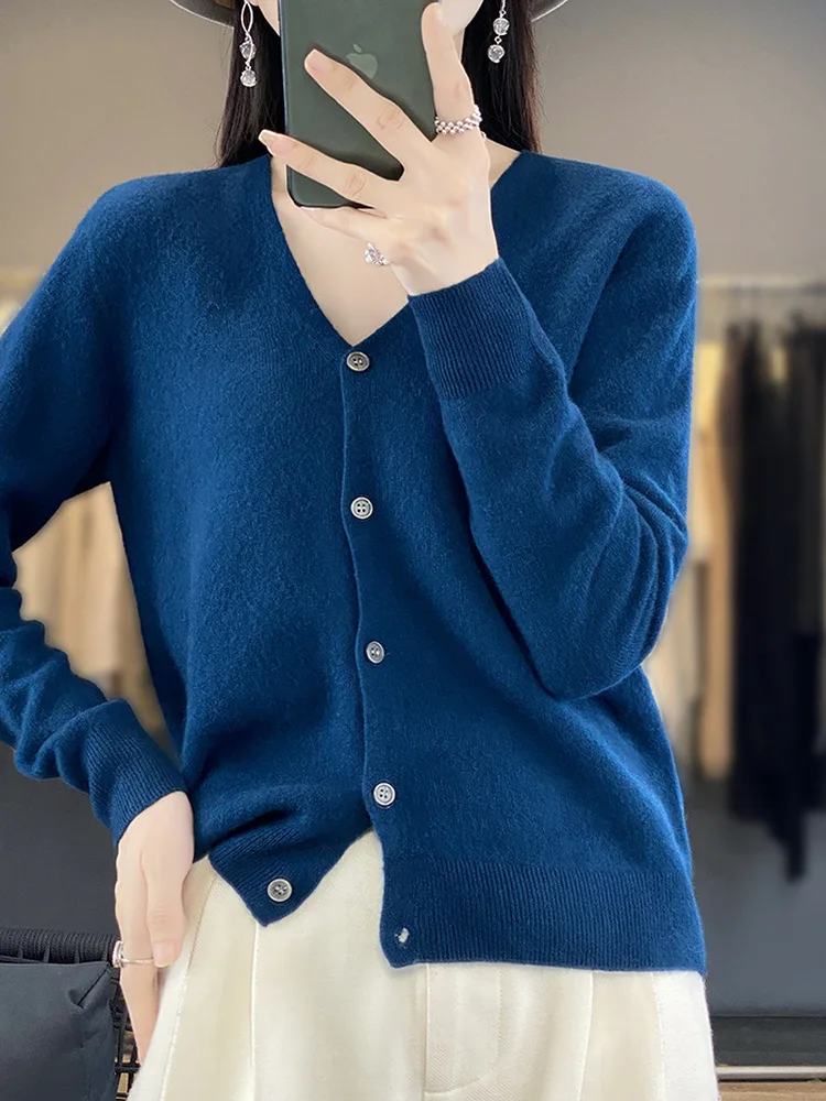 

Простой вязаный кардиган с V-образным вырезом, женская верхняя одежда, универсальный базовый свитер премиум-класса, весна-осень