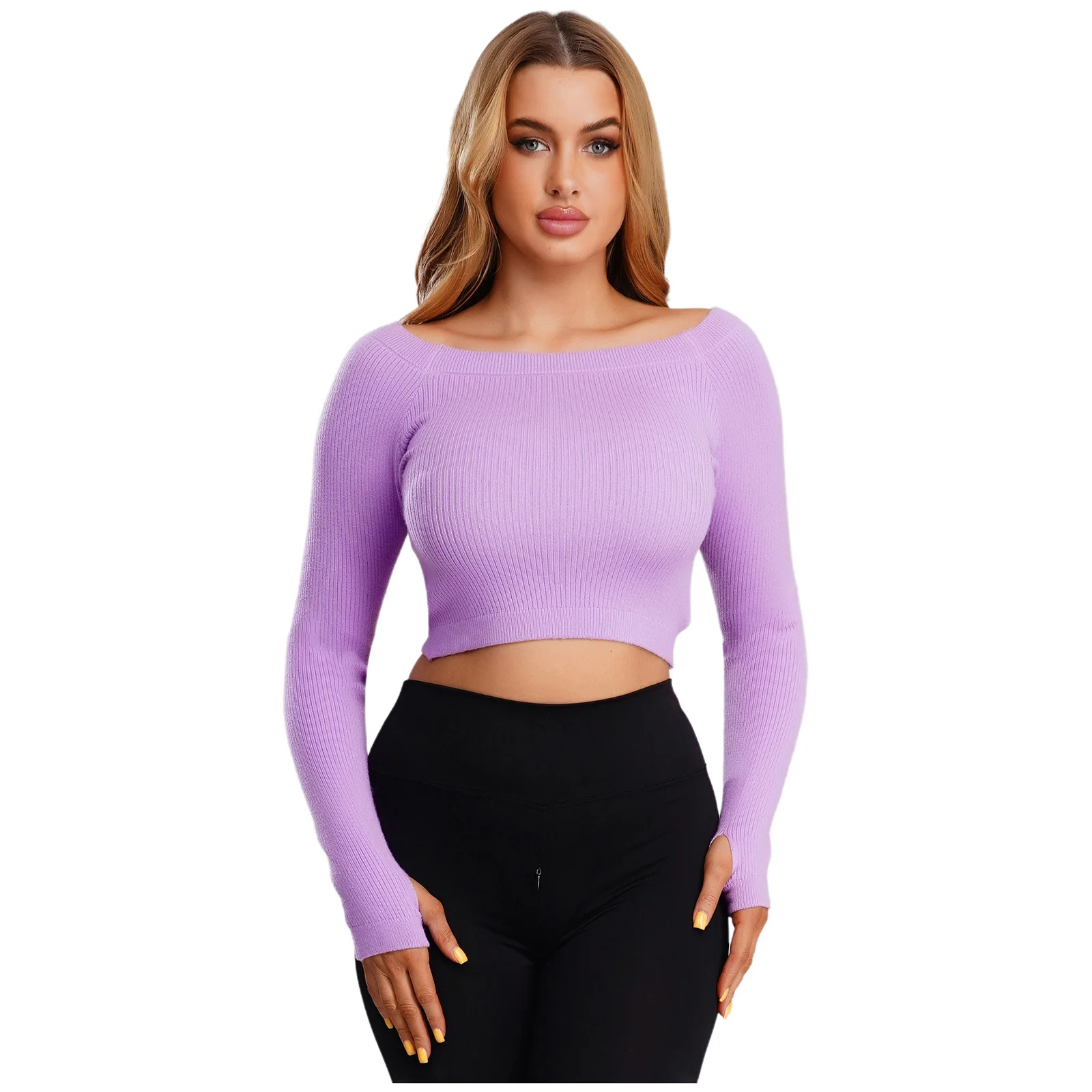

Womens Ballet Lyrical Dance Training Outfit Long Sleeve Ribbed Thicken Cropped Top Layer Top Gymnastics Dance Sweater Dancewear