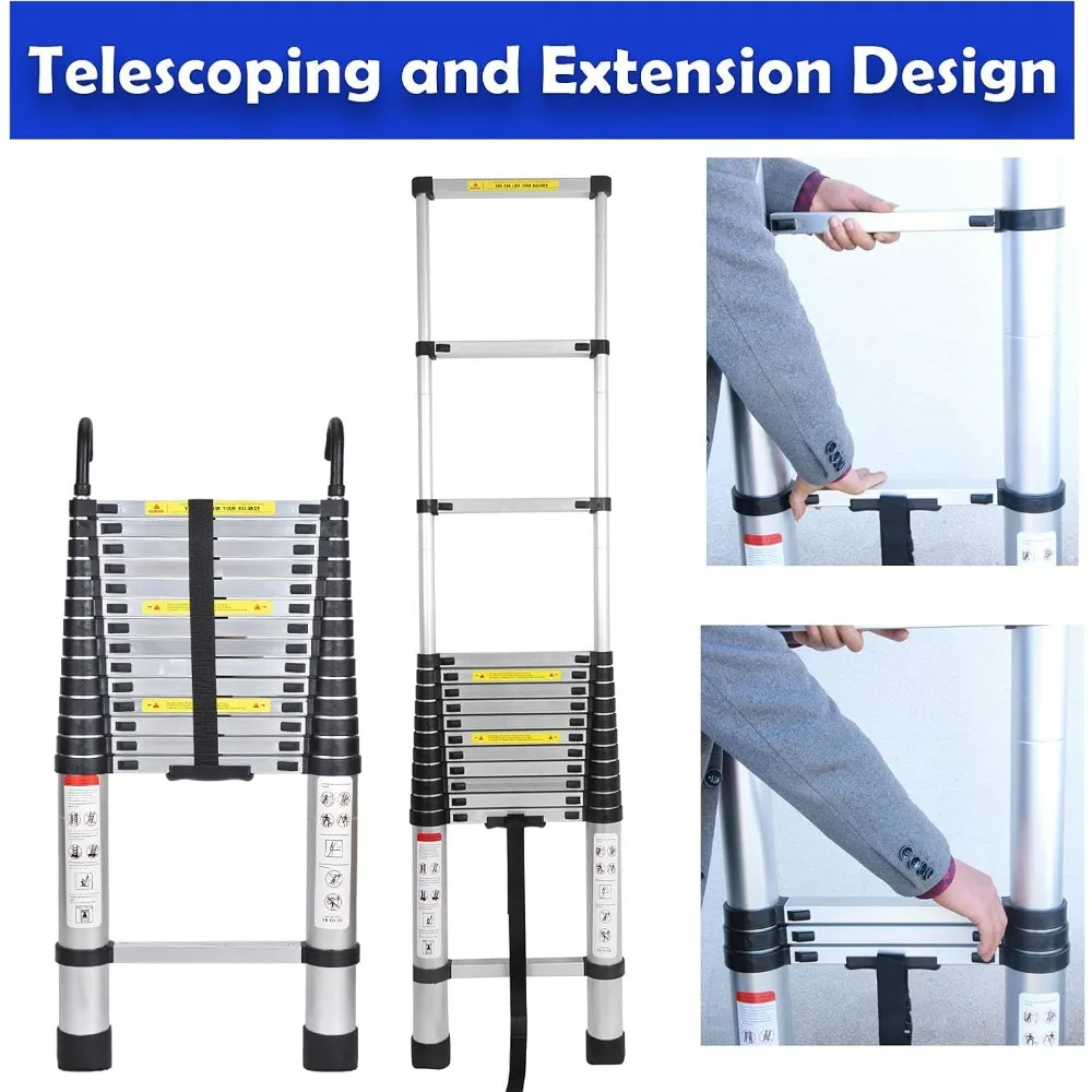 Escalera telescópica de aluminio portátil, extensión de 14,5 pies con ganchos desmontables, 15 escalones, capacidad de carga de 330 libras, antideslizante para seguridad