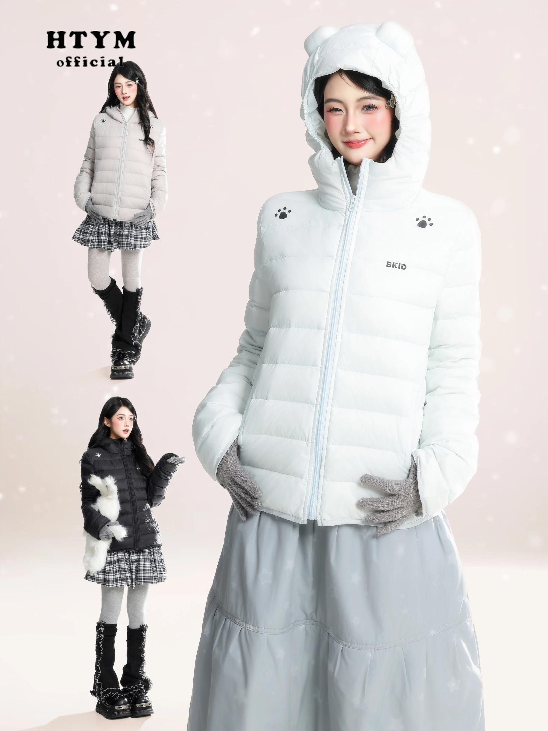 

HM American Retro Cool Bear Ear Hooded down Jaet Women's Lightweight Warm Winter Outerwear Couples Coats Polyester Fiber