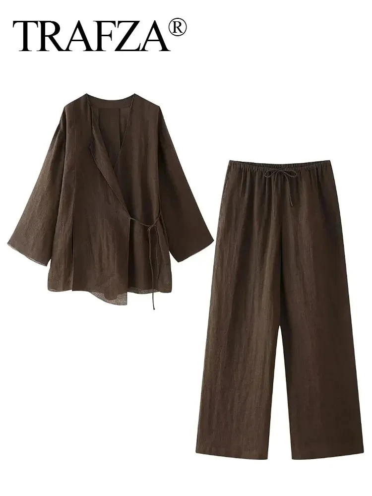 TRAFZA Women\'s Summer Lace Up Pajama Style Pants Sets 2024 Long Sleeve Shirts Top + Wide Leg Trousers Two Piece Set Outfits
