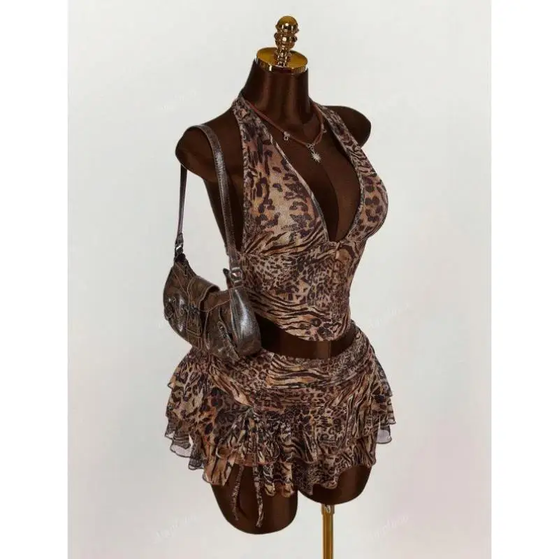 

Faionable Low-Waist Leopard Print Bal Vest Coords Set Casual Sportswear Seven-Quarter Sve Autumn Collection