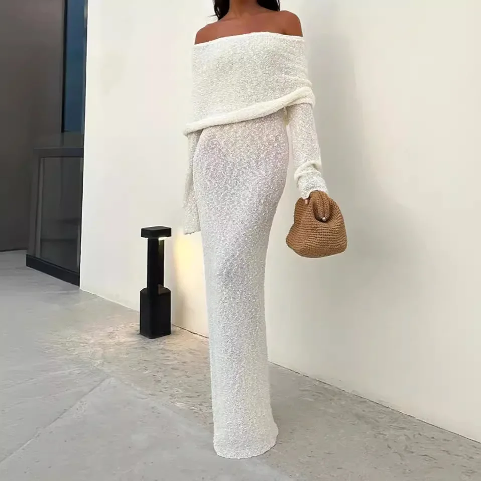 

Women sexy knit off-the-shoulder elegant long skirt smock with open neck tight long sleeve women's beach party Fall dress dinner