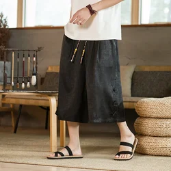 Japanese Samurai Pants Men Kimono Silk Loose Shorts Casual Harajuku Mens Calf-Lenght Pant Yukata Wide Leg Trousers Plus Size 5XL