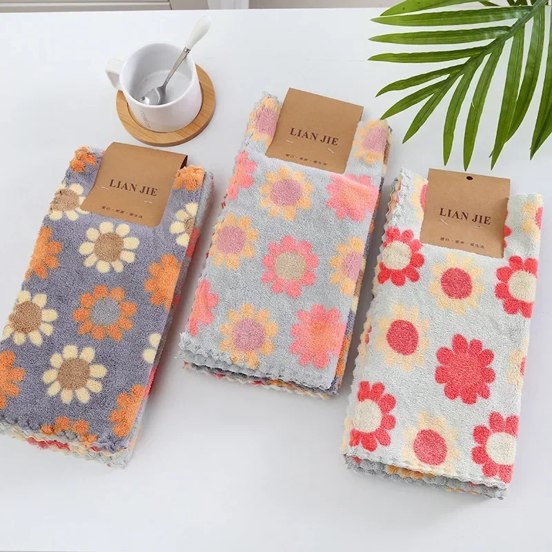 5Pcs 30X30CM Kitchen Cleaning Cloths Soft Absorbent Dishcloth Coral Fleece Sunflower Wiping Towel Rags Household Cleaning Cloth