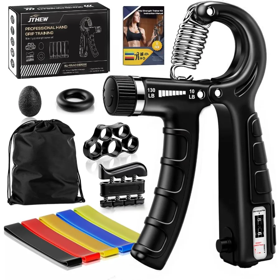 

Набор для тренировки силы хвата (10 предметов): Регулируемый эспандер для рук, тренажер для предплечий, кольцо-растяжитель для пальцев, антистресс-мяч, 5 эластичных лент