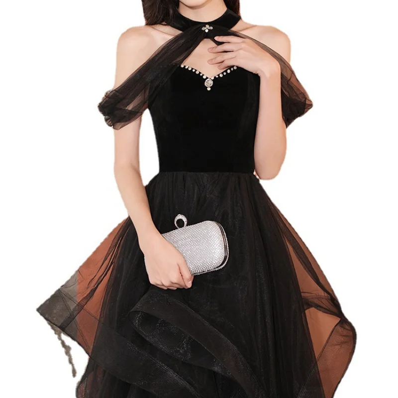 Customized Black Halter Collar Evenimg Dress A-Line Fashion Chic Crystal Elegant Floor Length Tulle Prom Gown Robe De Soirée For