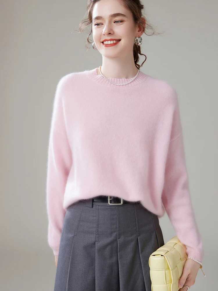 

Autumn and winter round neck mountain cashmere sweater pink pullover women loose slim casual knit bottoming pullover