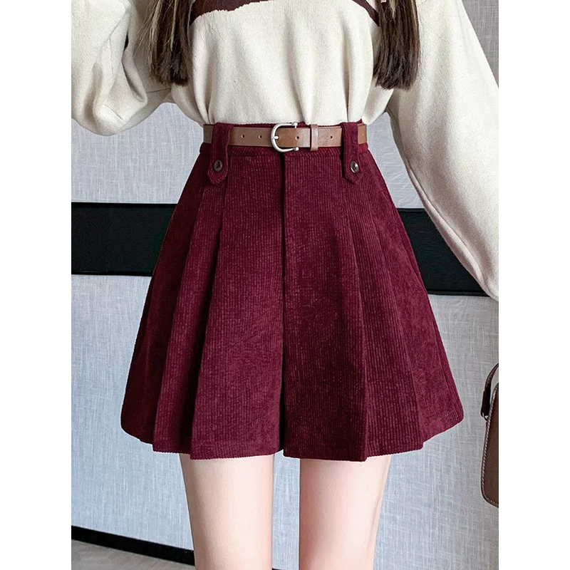 

Ankela Red Pleated Shorts Women's Autumn and Winter New CorduroyaCasual Pants High Waist Petite Slimming Skort