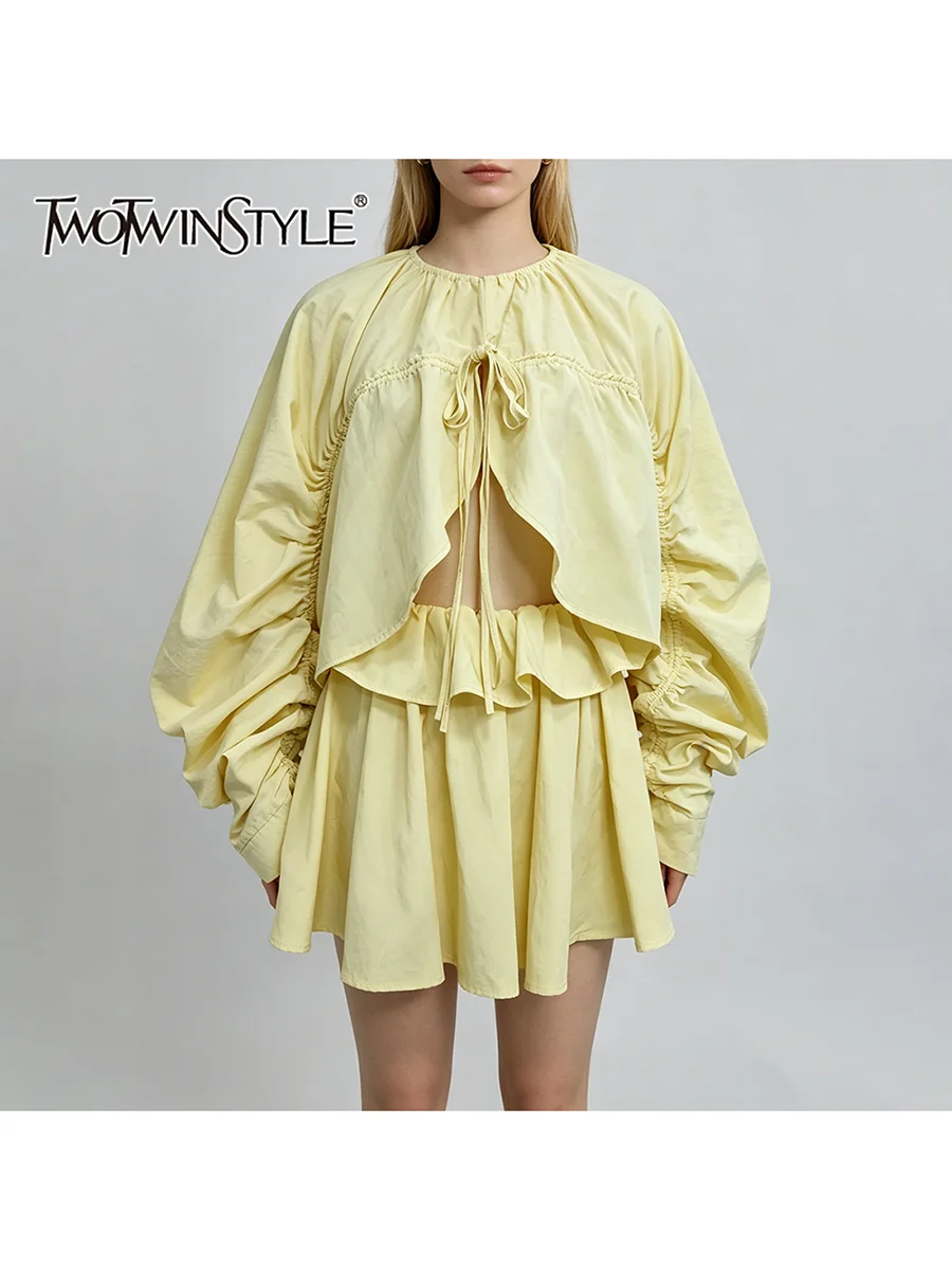 

TWOTWINSTYLE Solid Loose Spliced Folds Two Piece Set for Women Round Neck Long Sleeves Patchwork Elastic Waist Skirt Sets Female