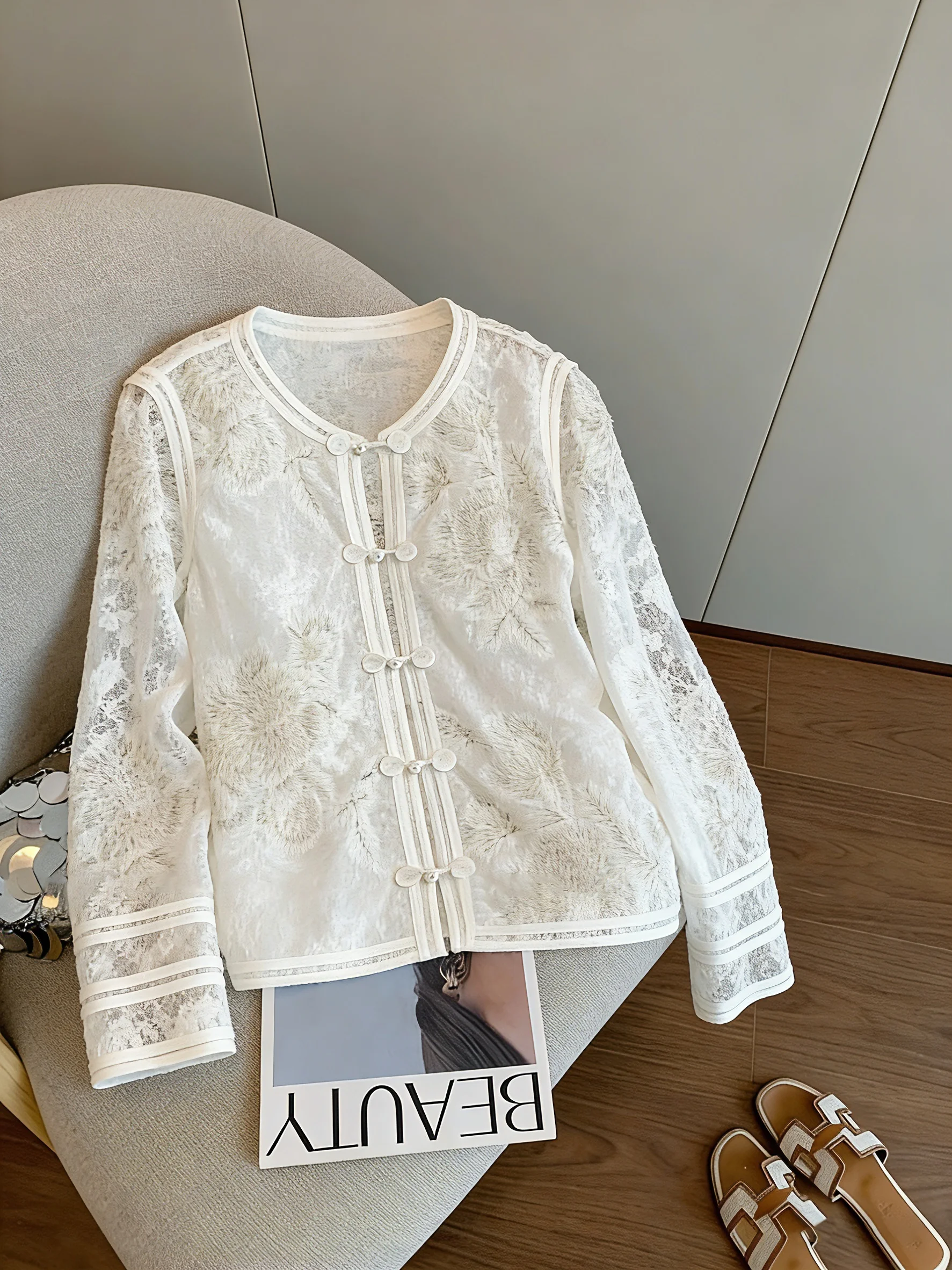 

Ретро-рубашка в китайском стиле с длинными рукавами, кружевом, круглым вырезом и пуговицами, тонкая, полупрозрачная, для мужчин и женщин, на лето