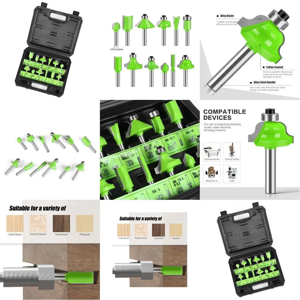

Q81C 12Pcs 1/4Inch Shank Woodworking Router Bit Set Steel Construction With Storage Case