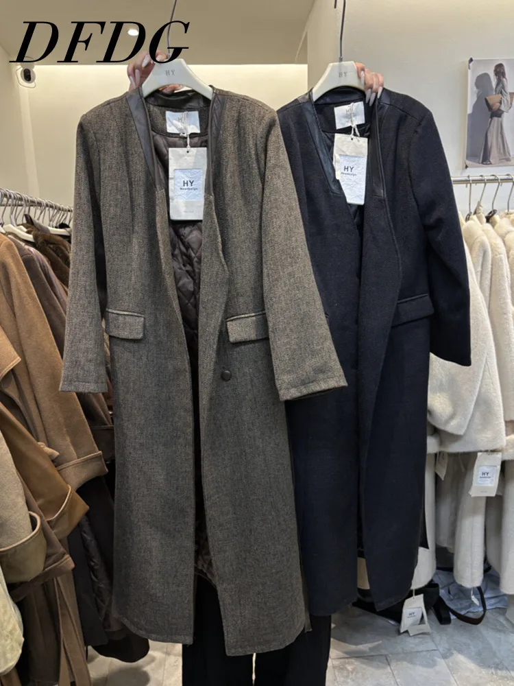 

DFDG 2025 Women’s Color Block Button V-Neck Longline Belted Overcoat Winter Coat Stylish Contrast Trim Designer Outerwear Coat
