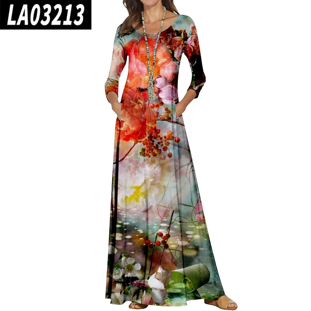 Woman Floral Print Round Neck Long Pullover Dress Elegant Casual Fashion Long Sleeve A-line Dresses