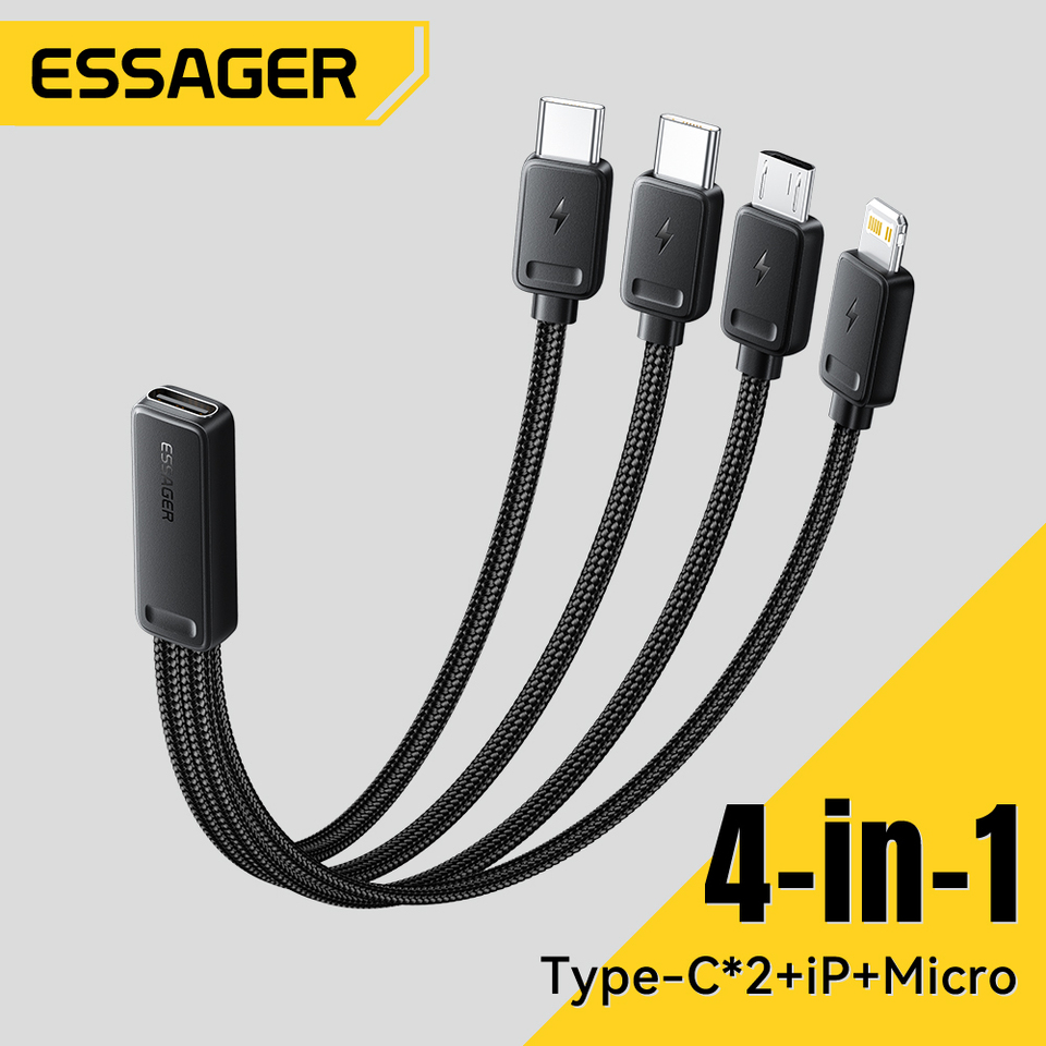  Essager Portable 4-in-1 Fast Charging Cable For Travel Type C Female To Multi USB Cable With 2 Type C, Micro, Lighting Adapters 