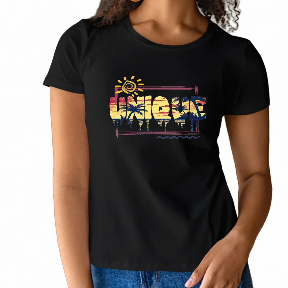 

Summer vibeWomens Short Sleeve T Shirt Unique Design with Sun Palm Tree Graphic for a Tropical Summer Look
