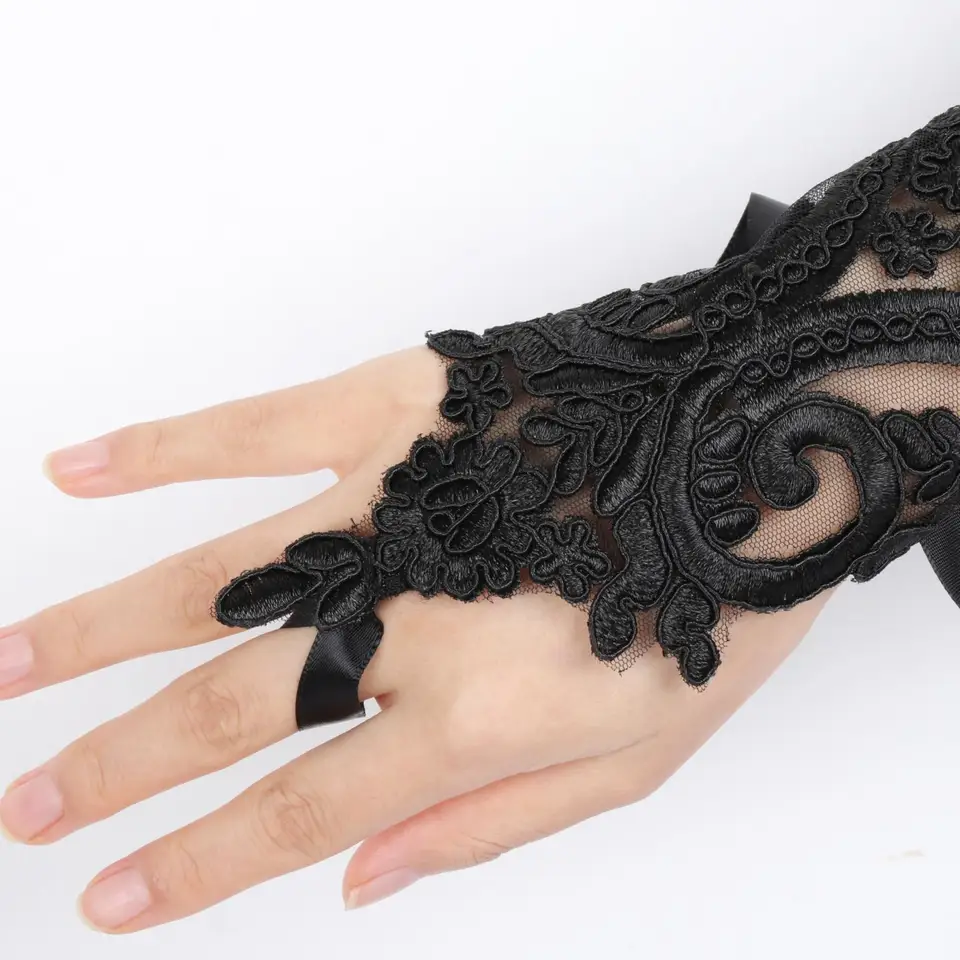 Guantes Sin Dedos De Plumas De Encaje, Puños De Pluma De Pavo Real, Para Boda, Halloween Y Cosplay (negro)