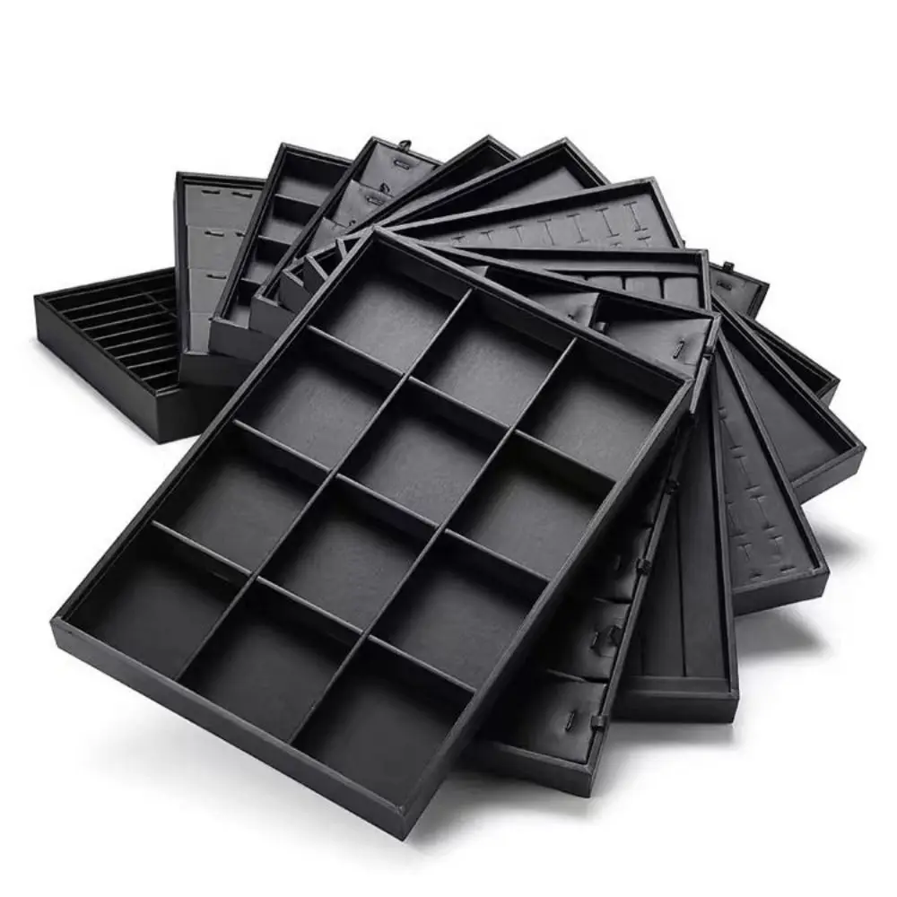 Stackable Jewelry Display Tray Black Flat Bottom PU Leather Jewelry Pallet Anti-slip Removable Dividers Jewelry Drawer Inserts