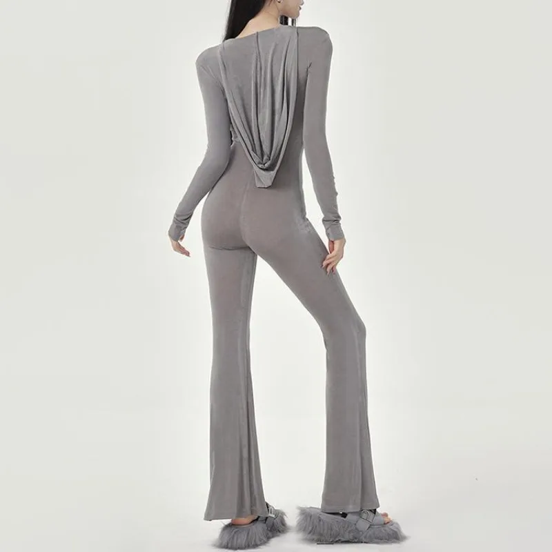 Long Sleeved Low Chest Deep V-neck Hooded Jumpsuit for Women Summer Slim Fit Show Figure Flared Pants for Sports Fitness Leisure