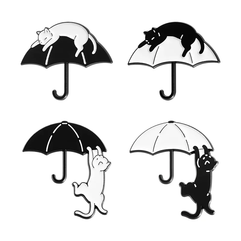 

Cartoon Black Cat With Umbrella Enamel Pins Funny Cute White Cat Animal Brooches Shirt Lapel Badge Jewelry Gifts For Friends