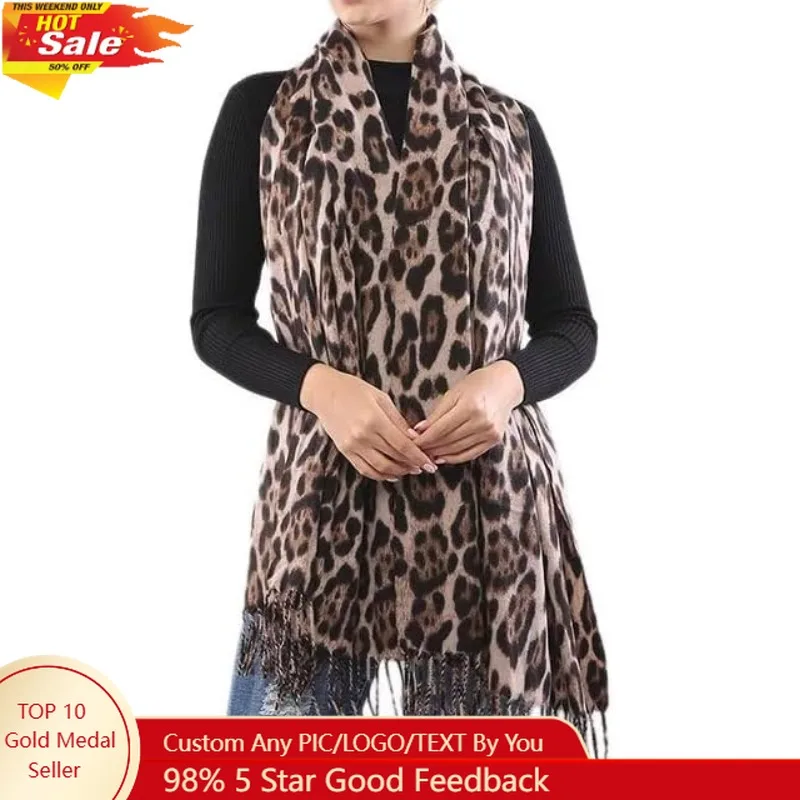 

Women Fashion Leopard Cashmere Feel Winter Scarf Soft Long Double-sided Style Tassels Oversize Warm Shawl Scarves Wraps