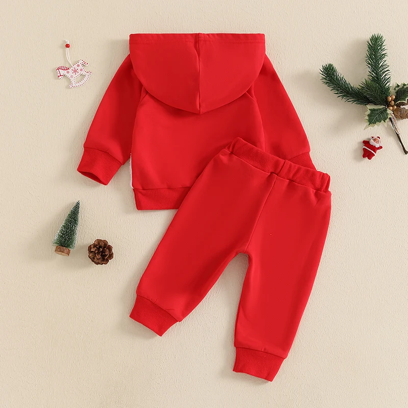 Toddler Boys Girls Christmas Outfits Santa Embroidery Long Sleeve Hoodie with Elastic Waist Pants 2Pcs Tracksuits