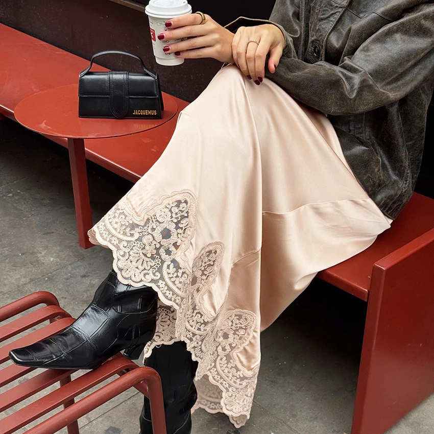 

Elegant Pink Lace Mid Calf Skirts Woman Street Chic High Waist Satin Skirt Female Casual Loose Straight Skirts