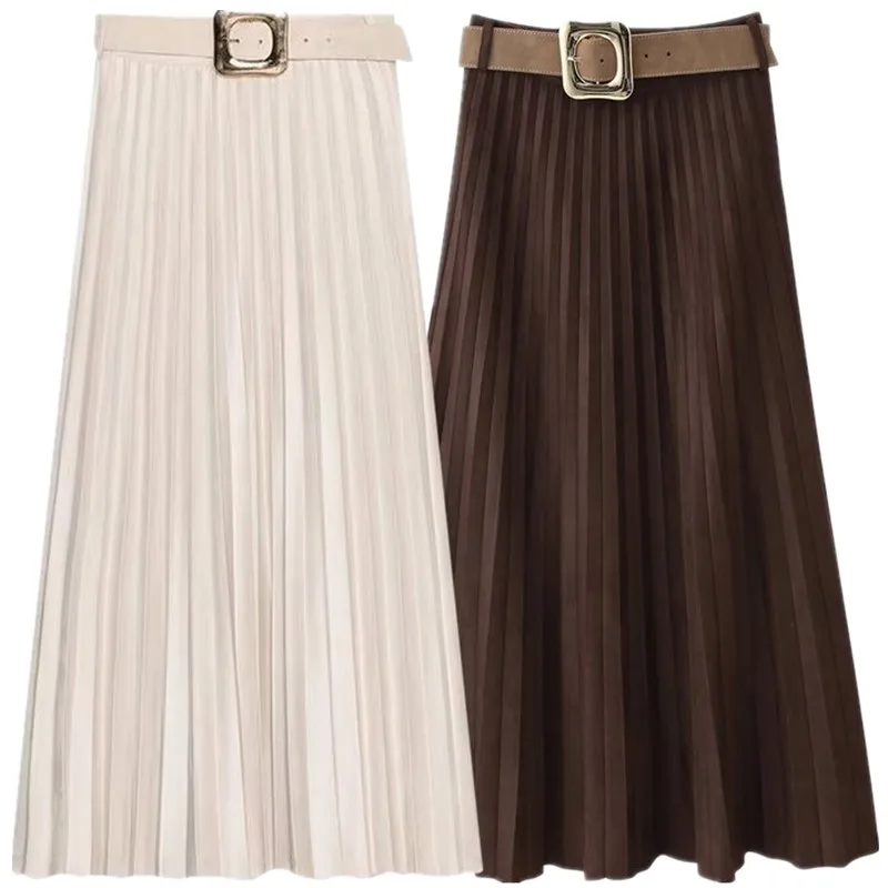 

Autumn 2025 New Women's Midi Skirt with Belt Velvet Effect Pleated f-length Casual Stand Fit European Sle Faion