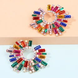 Luxury Round Big Stud Earrings For Women Girl Trend Ear Accessories Boho Colorful Geometric Rhinestone Brincos Vintage Jewelry