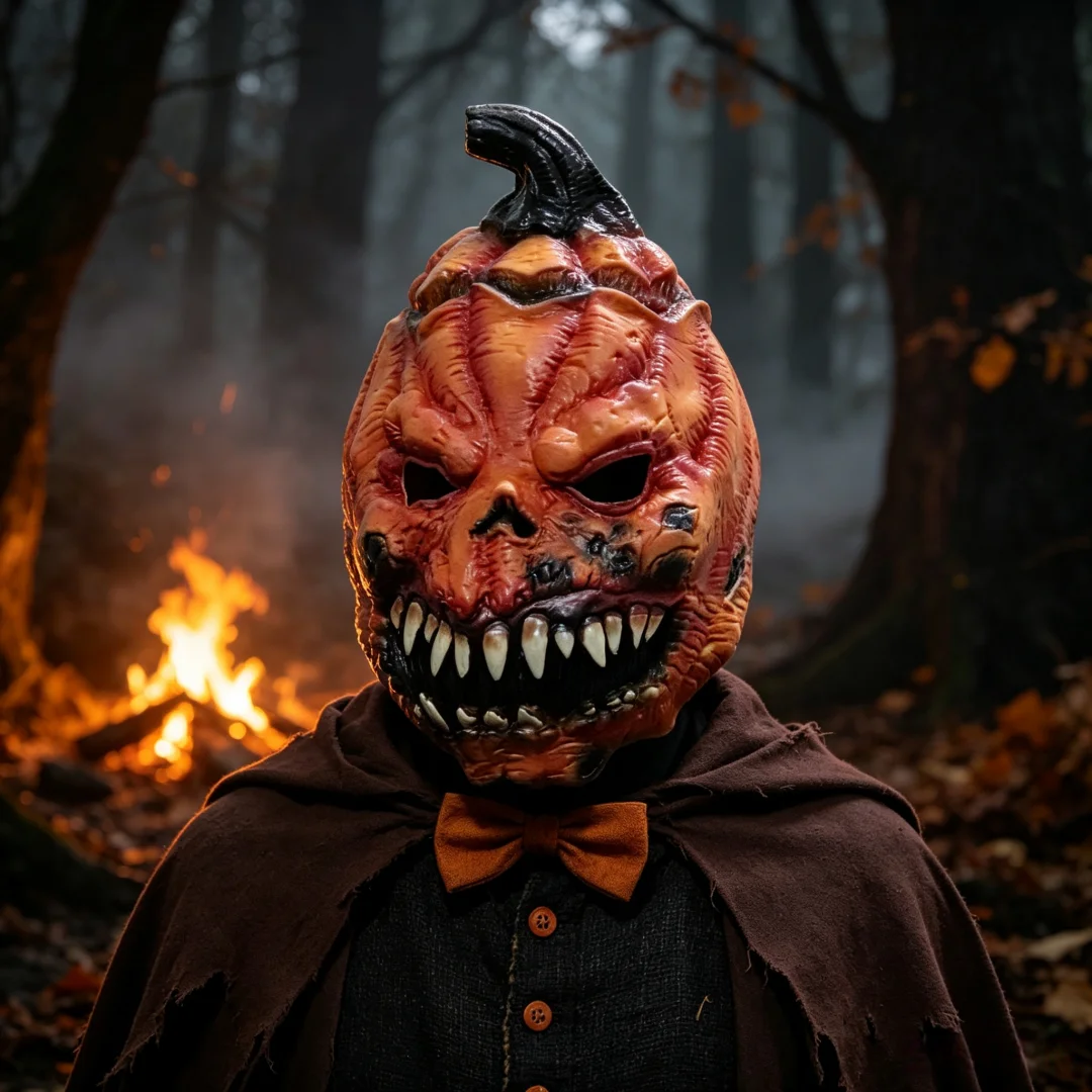 Scary Pumpkin Full Head Mask With Stem and Sharp Fangs Horror Pumpkin Monster Headgear for Halloween Haunted House Cosplay Costume Prop