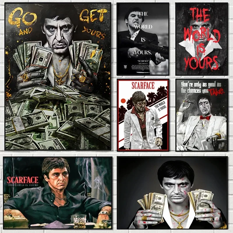 Gangster movie Scar Face Evil Star Canvas Painting Printed with Money Tony Montana Canvas Portrait Wall Art Picture Living Room