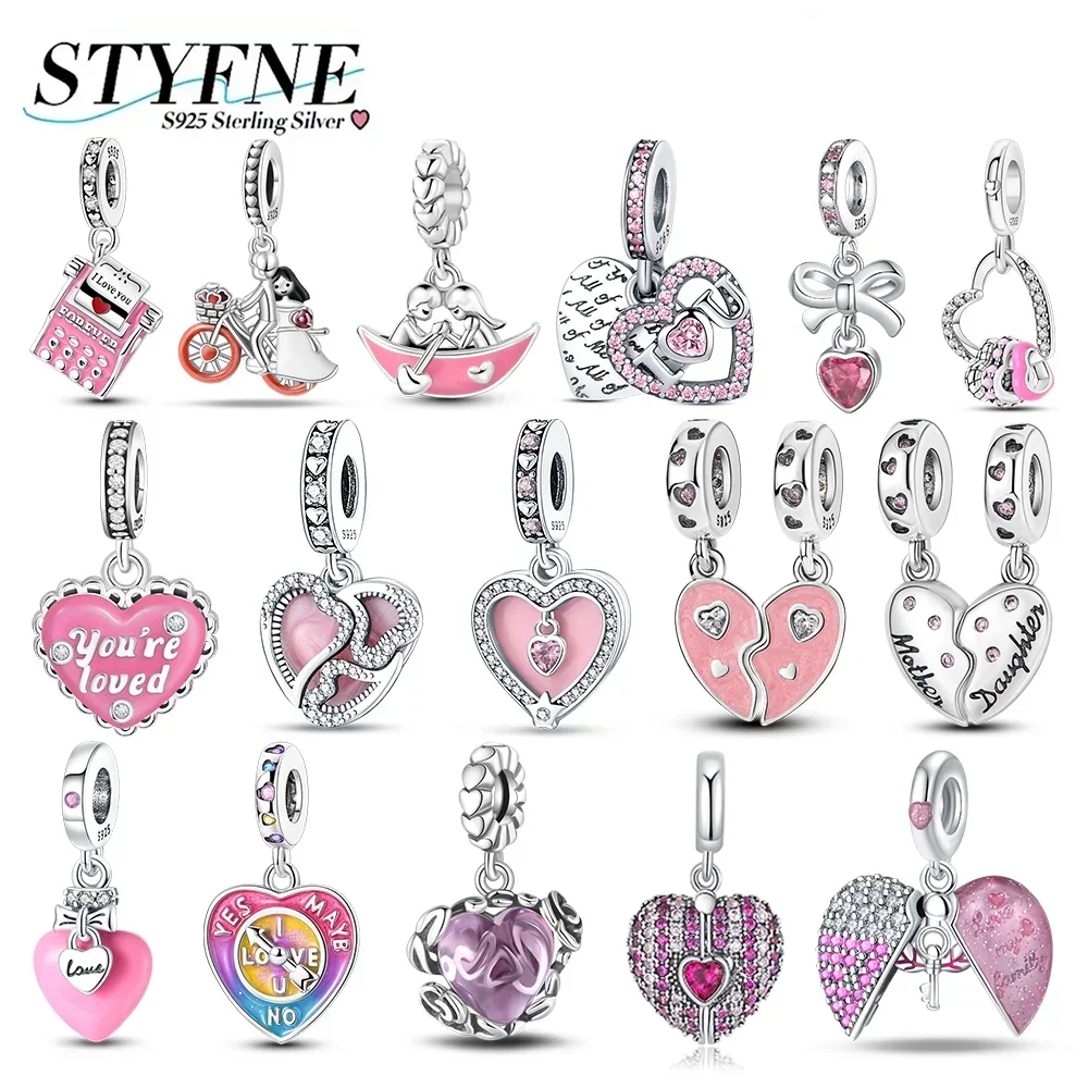 

Exquisite 925 Sliver Pink Zirconium Heart-shaped Beaded Sweet Couple Pendant Fit Original Bracelet for Women Charm Jewelry Gifts