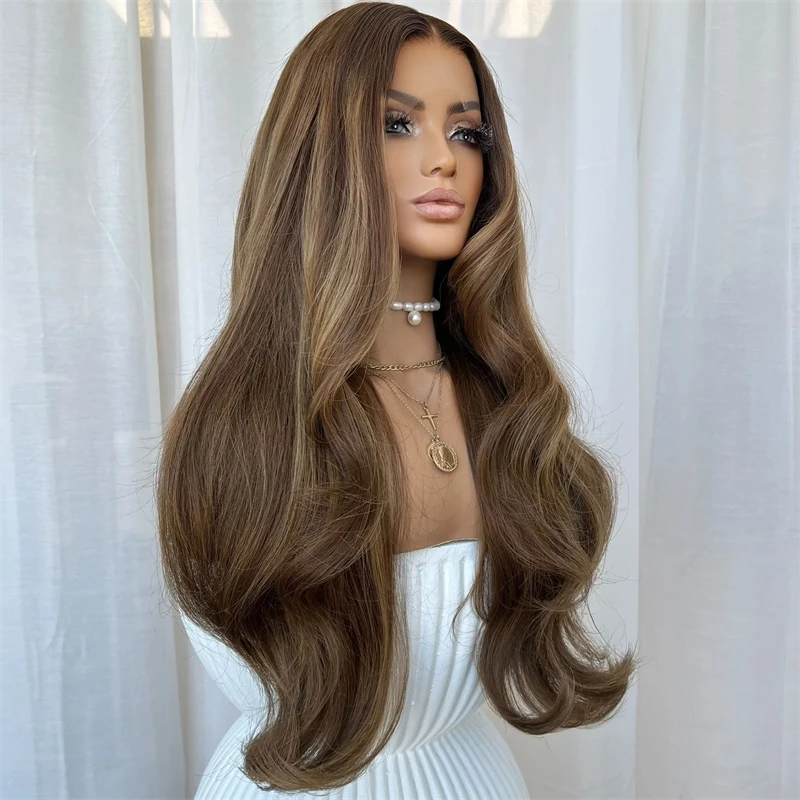 Natural Wave Wig Ombre Brown with Blonde Streaks Synthetic HD Lace Front Wig Small Large Size Cap Glueless Preplucked Hairline