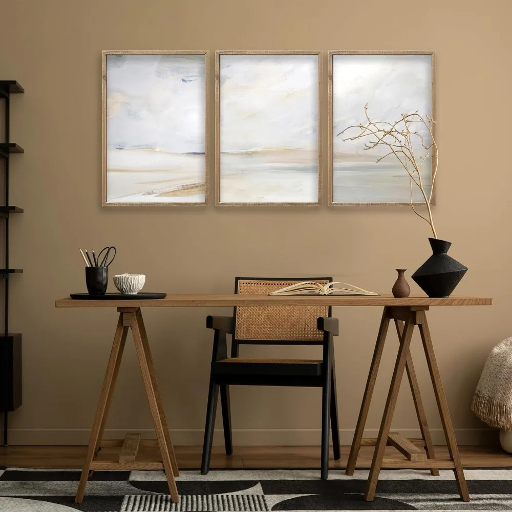 Ensemble de 3 impressions de plage abstraites grises, décor d'art mural, 24 "x 16", cadre en bois, nature sauvage, paysage, signe pour chambre minimaliste